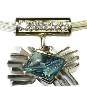 Custom Carved Aqua Marine & Diamond Pendant in White Gold Necklace